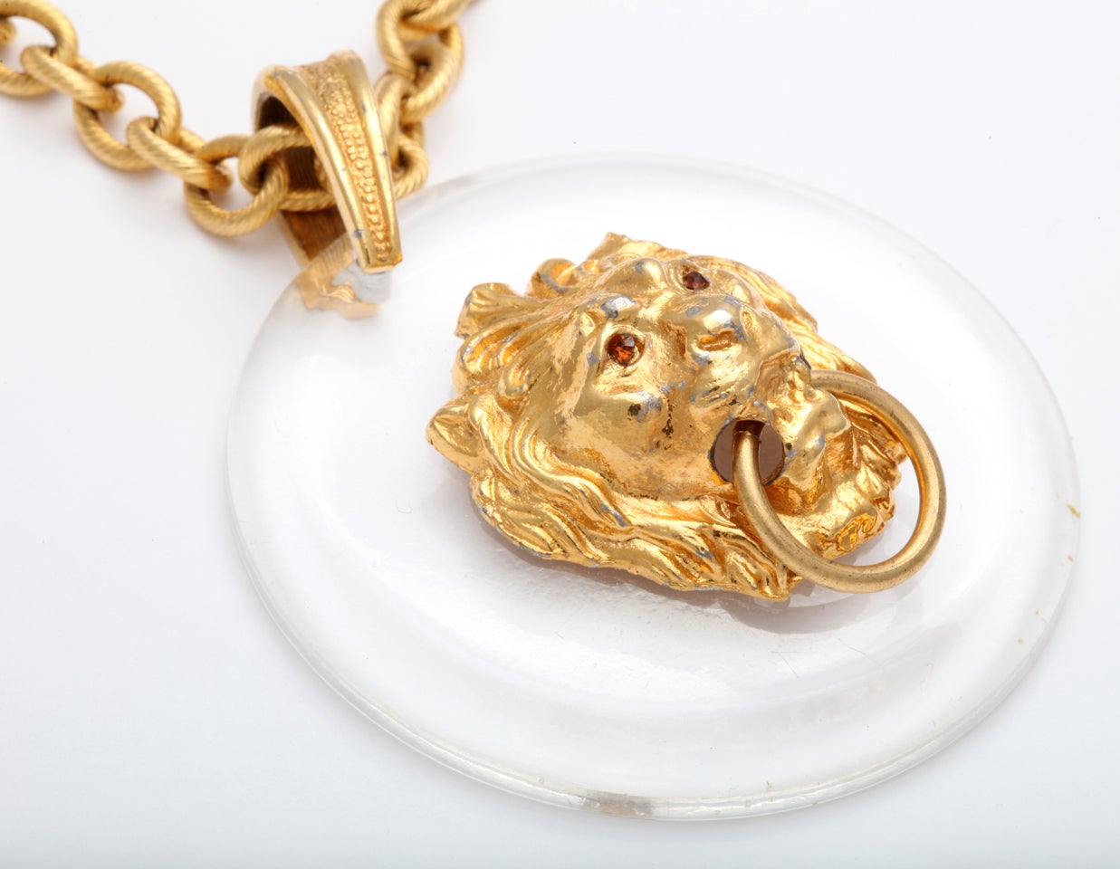Goldtone and Lucite Lion Pendant Necklace, Costume Jewelry For Sale at