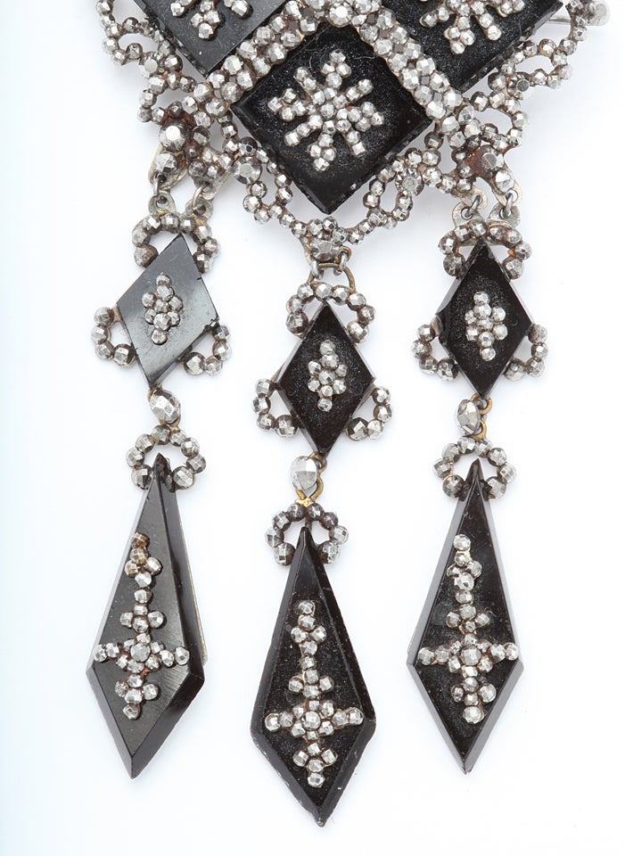 Women's Rare Georgian Cut Steel and Vauxhall Glass Pendant and Fringe Earrings