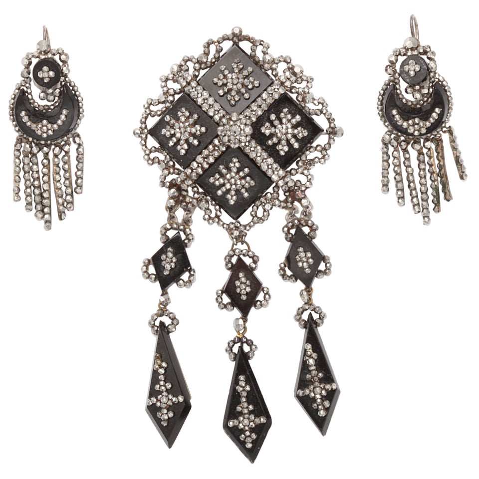 Rare Georgian Cut Steel and Vauxhall Glass Pendant and Fringe Earrings
