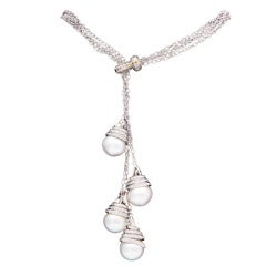 Diamond and White Pearl Multi Tiered Drop Pendant Necklace