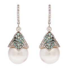 Unique Blue Diamond and White Pearl Drop Earrings.