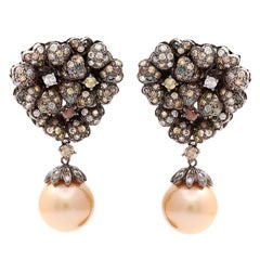 Multi Colored Diamond and Golden Pearl Earrings.