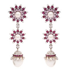 Diamond, Sapphire and White Pearl Multi Tiered Drop Earrings