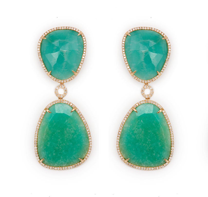 Amazing Amazonite Earrings set in Rose Gold with Diamonds.<br />
These Fantastic Earrings are a sell out!<br />
They look like like Emeralds, and Go with Everything...