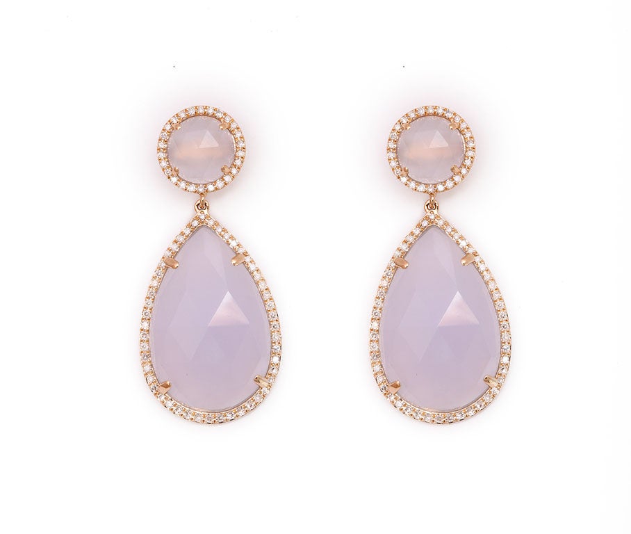 14 k Rose Gold and Diamond Super Sensual soft Chalcedony drop earrings.<br />
Perfect for any Occasion