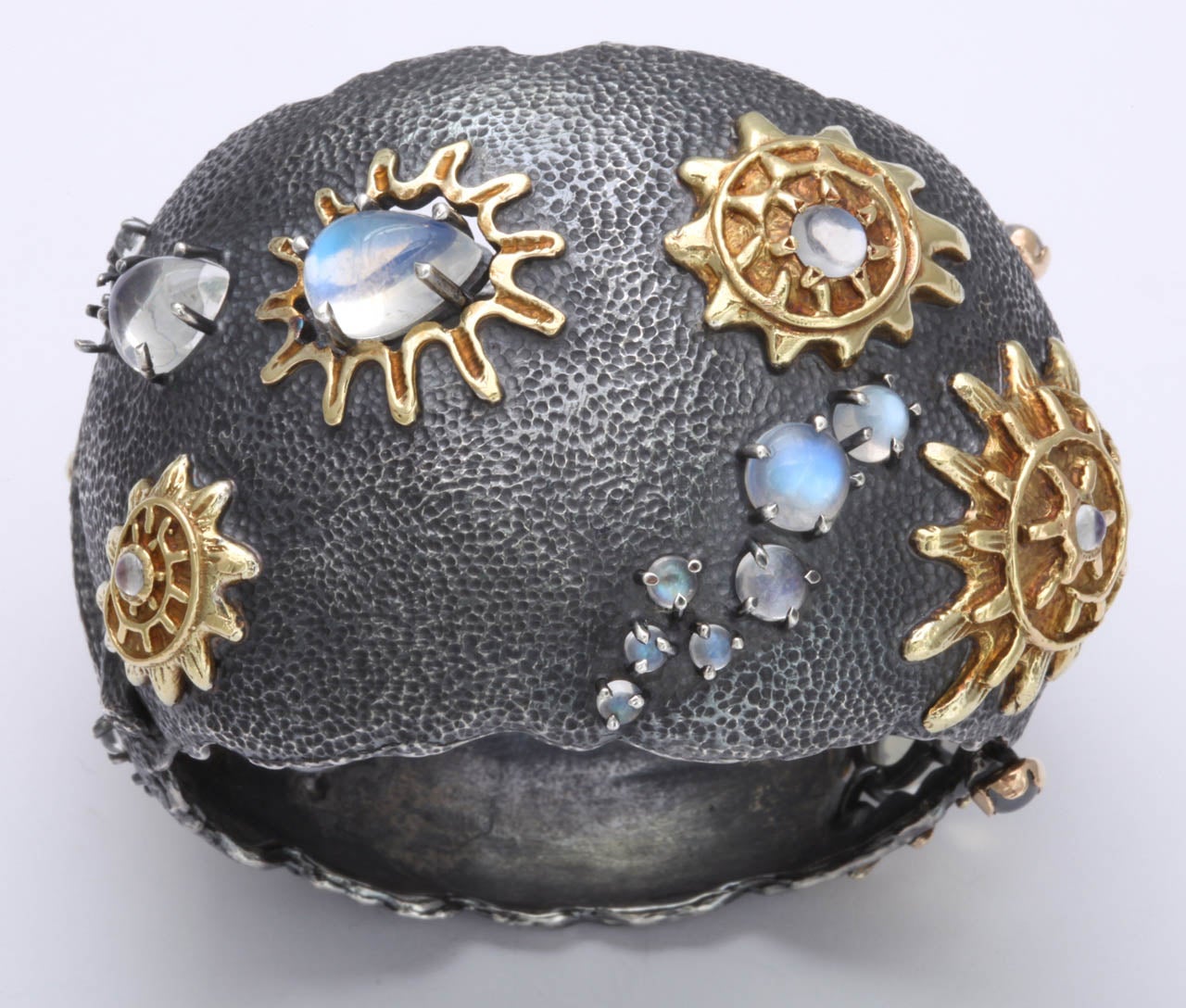 Stunning Patinate & Hand Hammered Silver Cuff Bracelet with Applied 18kt Yellow Gold prong set Cabochon Moonstones of varying sizes & shapes.  Very fanciful & playful