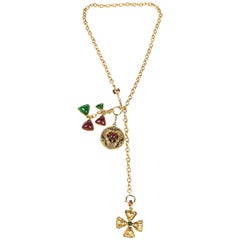 Chanel Gold Tone Lariat Necklace with Poured Glass Charms