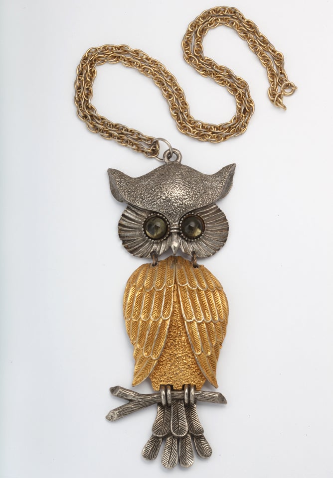 Vintage Owl Pendant Gold Tone 4 3/4 Hinged Gold Tone