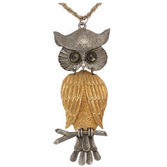Retro Large Silvertone and Goldtone Owl Pendant Necklace, Costume Jewelry