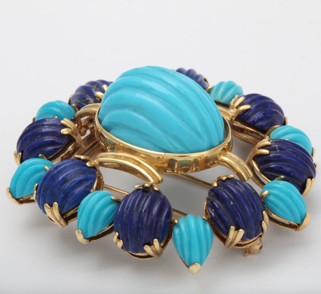 Women's Melon Shaped Turquoise & Lapis  Egyptian Revival Brooch