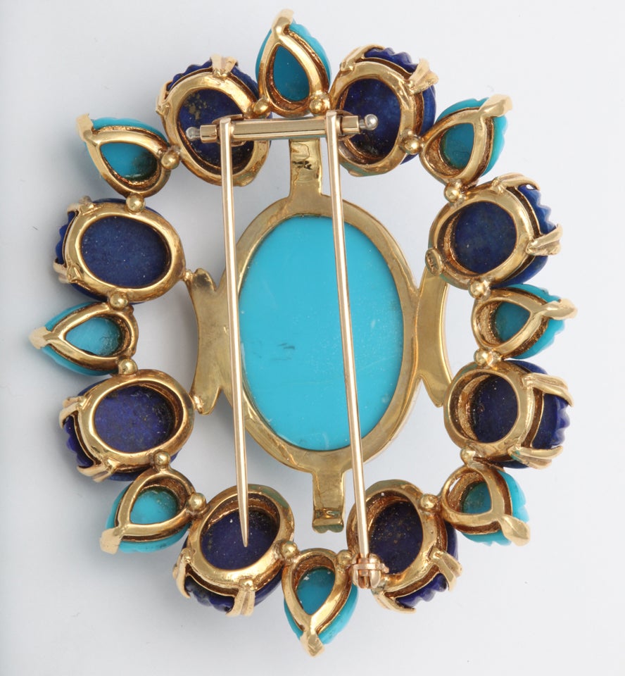 Melon Shaped Turquoise & Lapis  Egyptian Revival Brooch 1