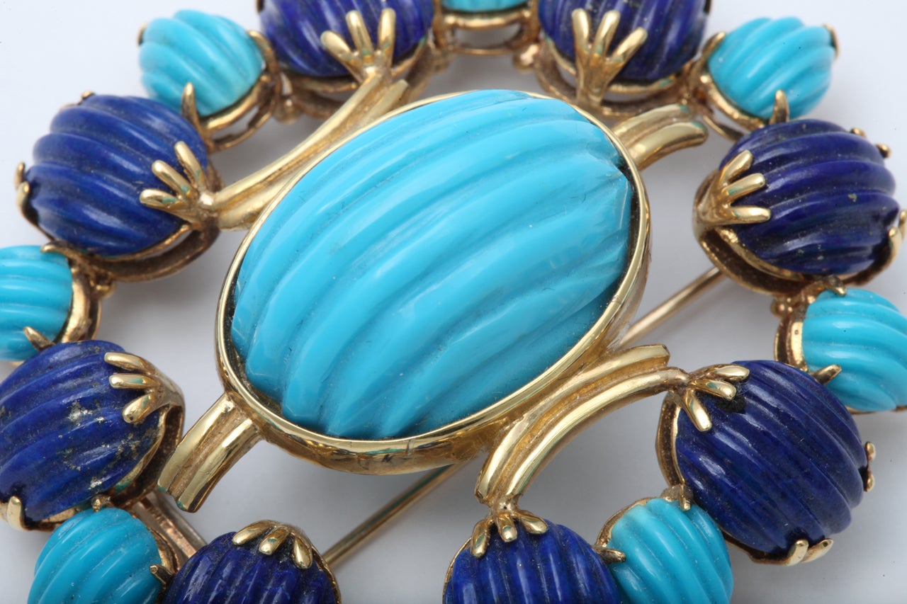 Melon Shaped Turquoise & Lapis  Egyptian Revival Brooch 3