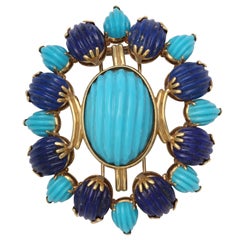 Melon Shaped Turquoise & Lapis  Egyptian Revival Brooch