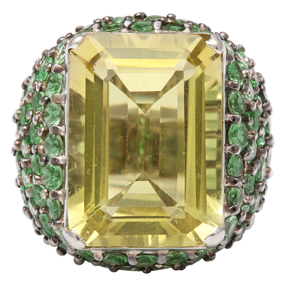 LEMON CITRINE & GRADED TSAVORITE RING For Sale