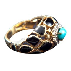 Gold  Hand  Enameled  Turquoise And Diamond  Ring