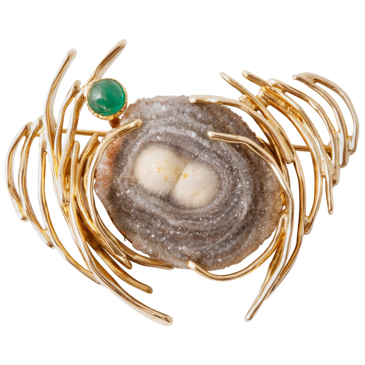 An Anneke Schat Agate Emerald Gold Brooch For Sale