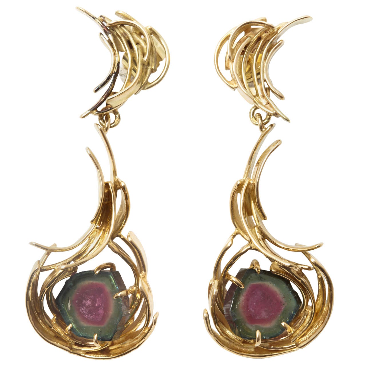 A pair of Anneke Schat tourmaline, gold pendant earrings. For Sale