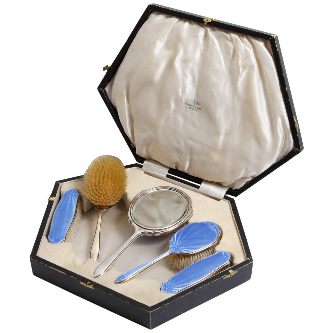 A Sterling Silver and Guilloche Enamel Vanity Dressing Set by Walker & Hall with its Fitted Case For Sale