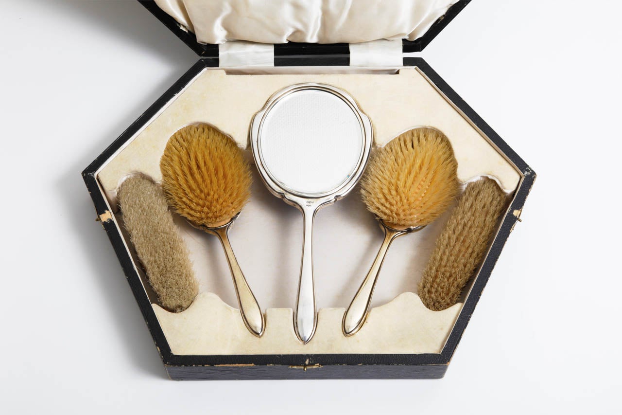 Women's A Sterling Silver and Guilloche Enamel Vanity Dressing Set by Walker & Hall with its Fitted Case For Sale