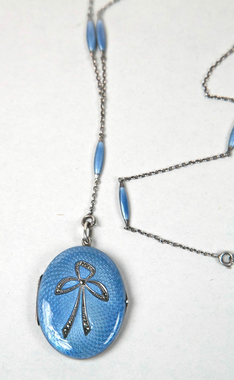 Circa 1915 Sterling and Guilloche Enamel Locket and Chain 3