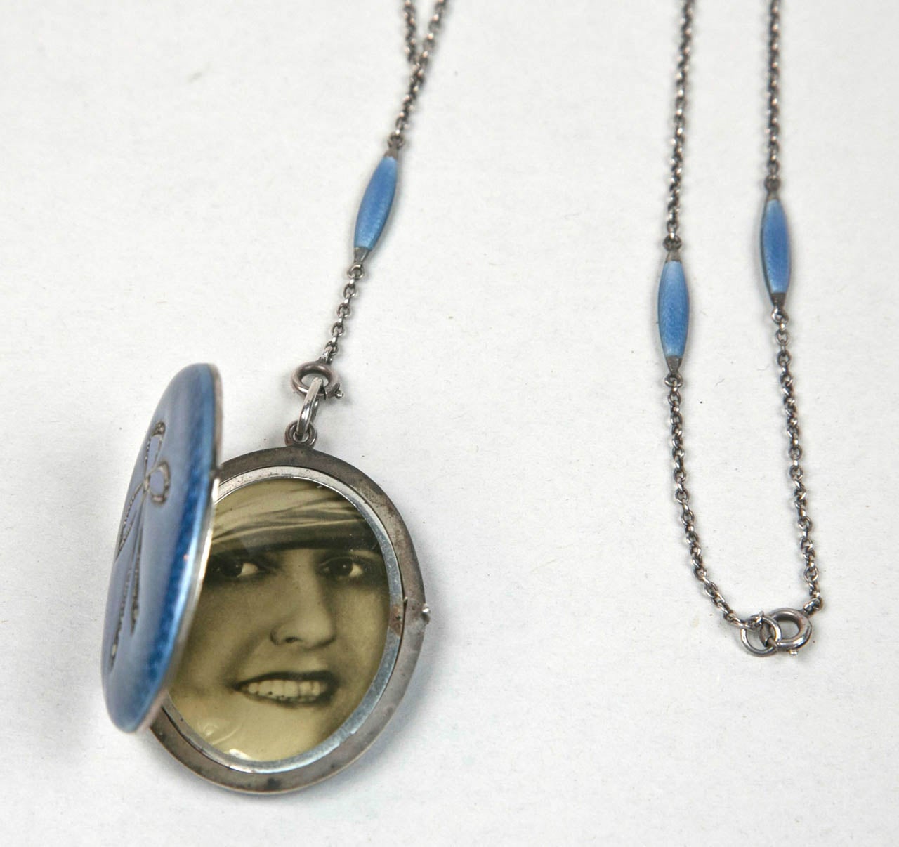 Circa 1915 Sterling and Guilloche Enamel Locket and Chain 1