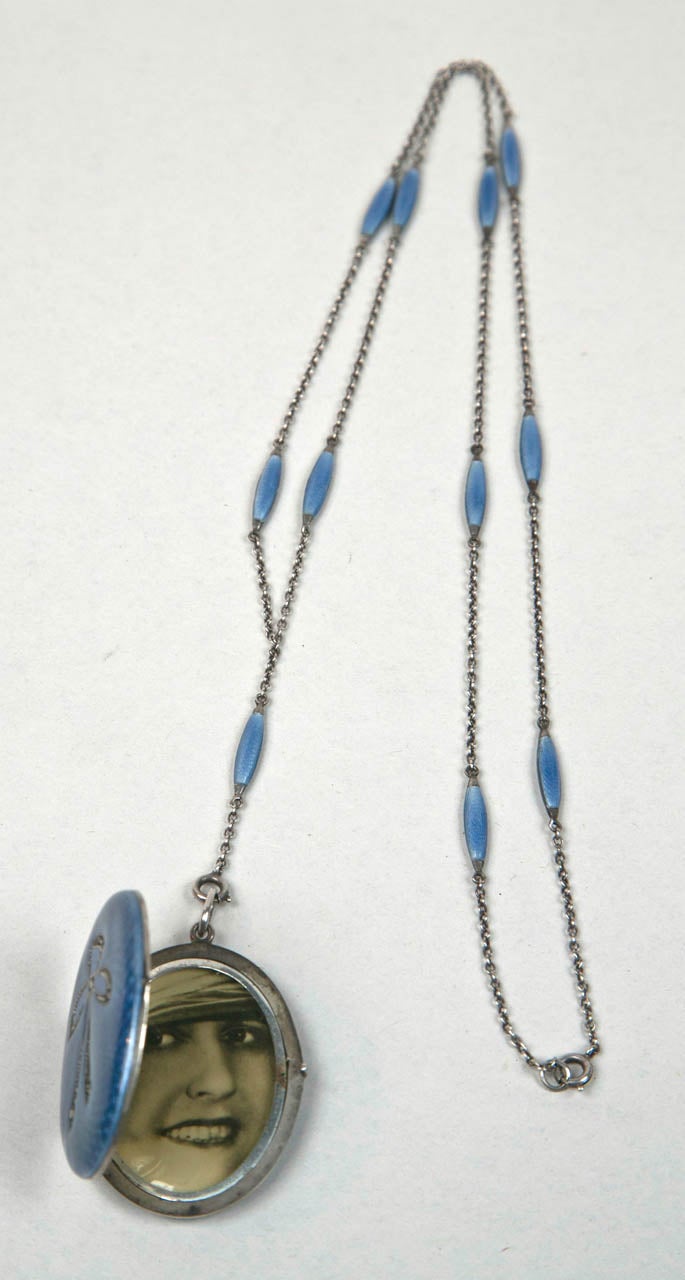 Circa 1915 Sterling and Guilloche Enamel Locket and Chain 2