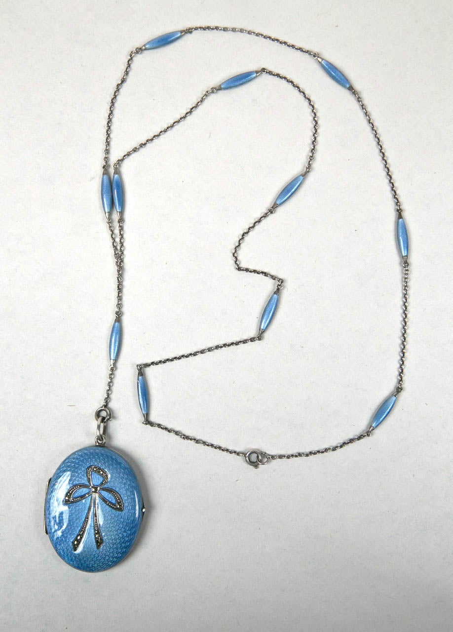 Circa 1915 Sterling and Guilloche Enamel Locket and Chain.  Possibly French