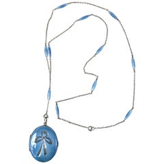 Circa 1915 Sterling and Guilloche Enamel Locket and Chain