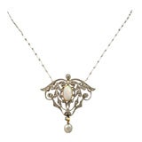 French Art Nouveau Opal, Diamond and Pearl pendant