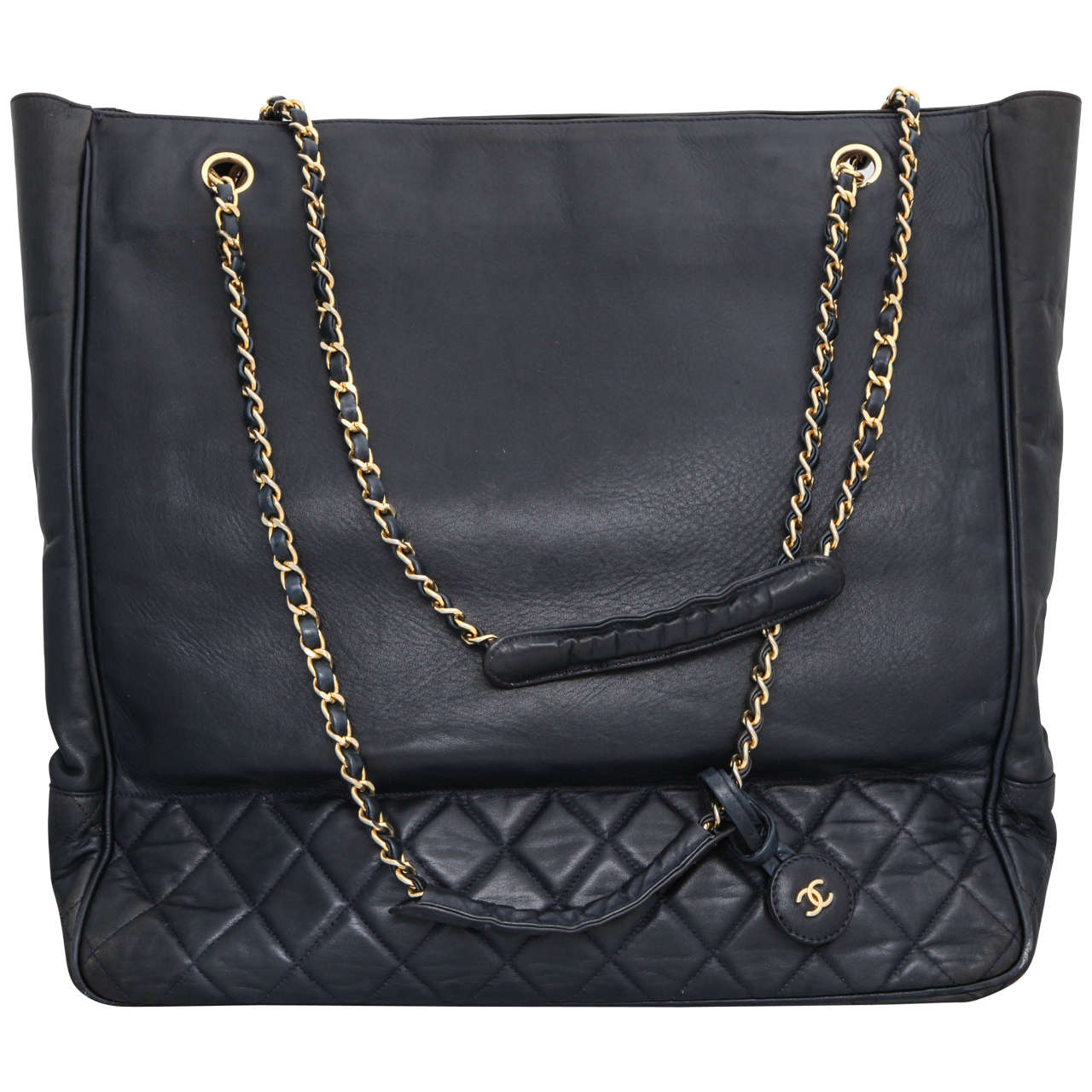 Chanel Navy Tote Bag With CC And Quilted Details at 1stdibs