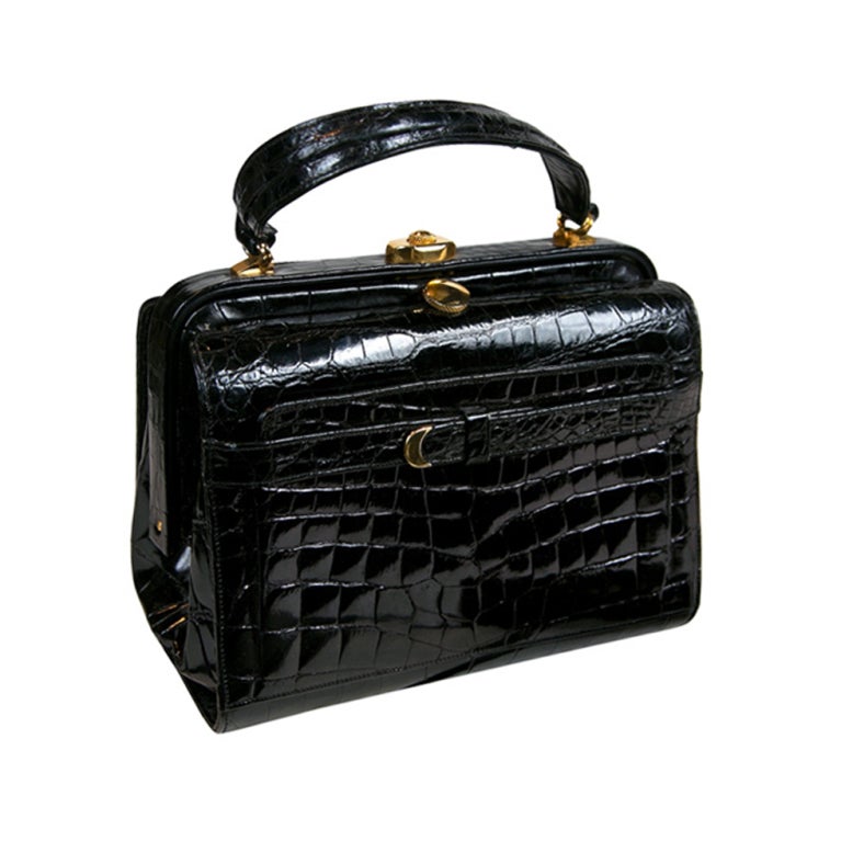 Rosenfeld black alligator kelly bag presented by funkyfinders For Sale