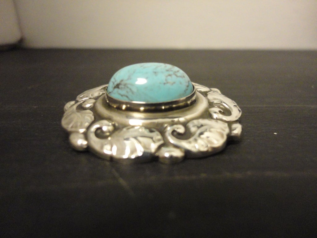 Art Nouveau GEORG JENSEN Turquoise Silver Brooch 60 In Excellent Condition In Frederiksberg c, n/a