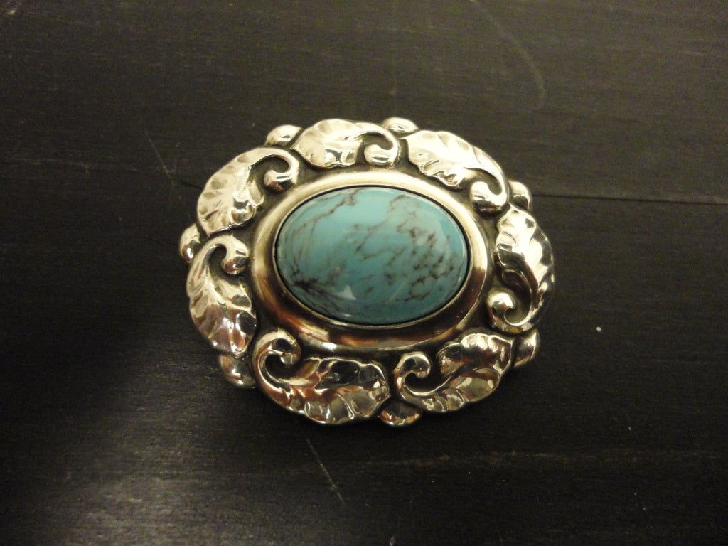 Women's Art Nouveau GEORG JENSEN Turquoise Silver Brooch 60