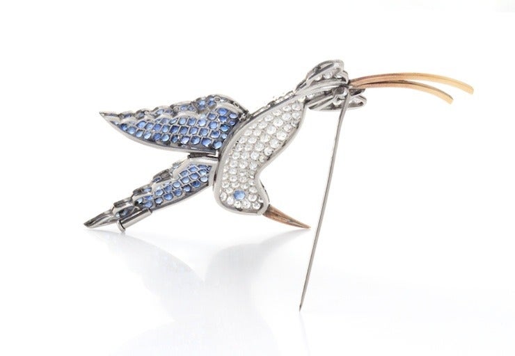 Women's Diamond, Blue Sapphire and Yellow Gold Hummingbird For Sale