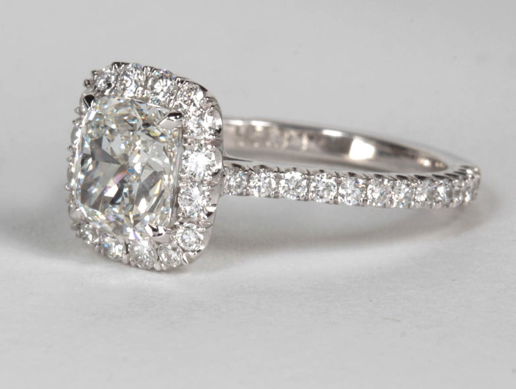 Classic GIA Certified Cushion Diamond Halo Engagement Ring In Excellent Condition In New York, NY