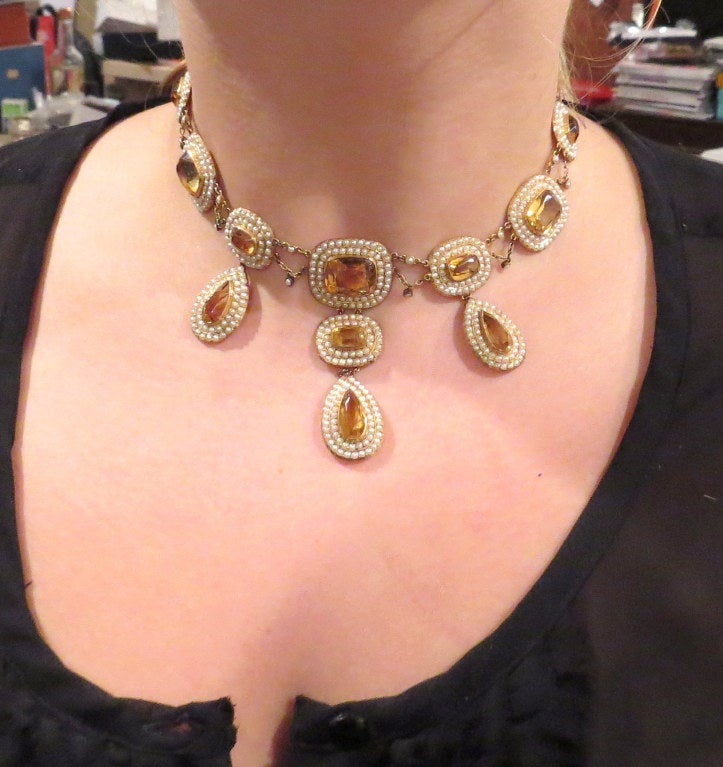 Antique Citrine Pearl Gold Drop Necklace In Excellent Condition In Lambertville, NJ