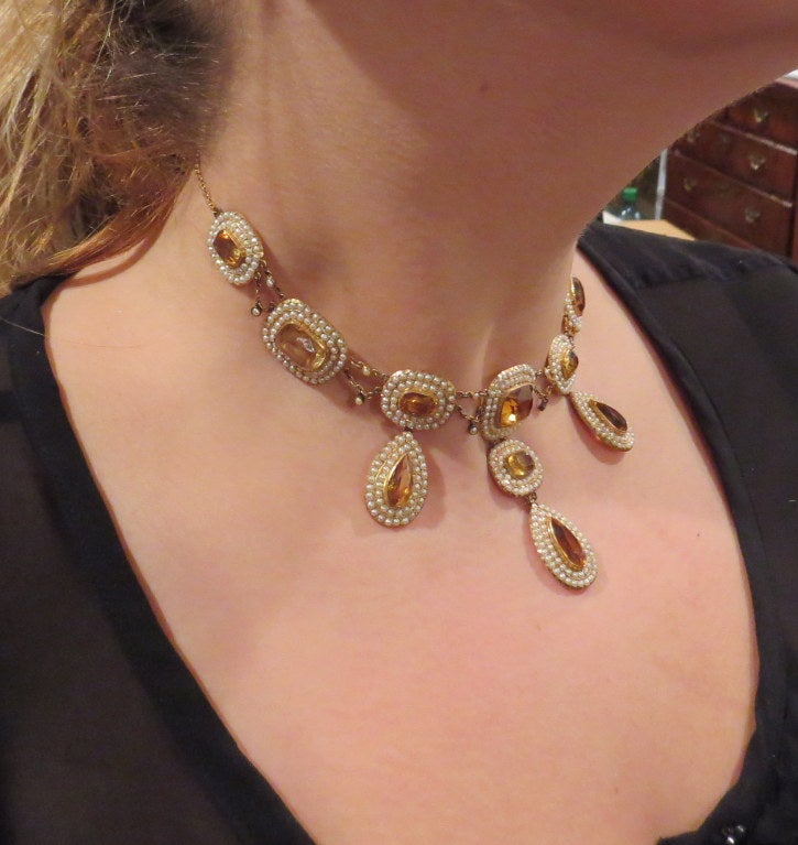 Women's Antique Citrine Pearl Gold Drop Necklace