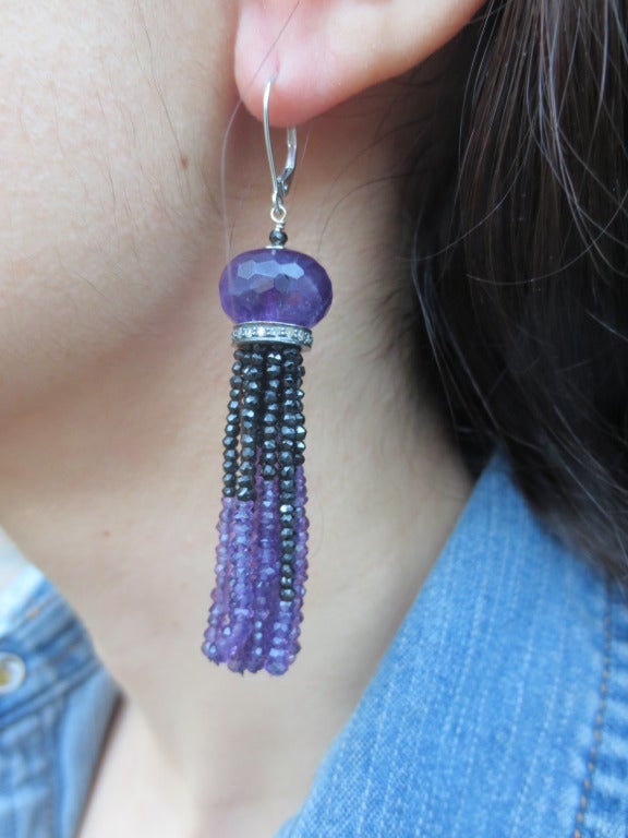 Strands are made of tiny faceted amethyst beads and faceted onyx beads measuring approximately 1mm each. Each tassel strand consists of a different arrangement of onyx and amethyst creating wonderful dimension to these earrings.The tassel strands