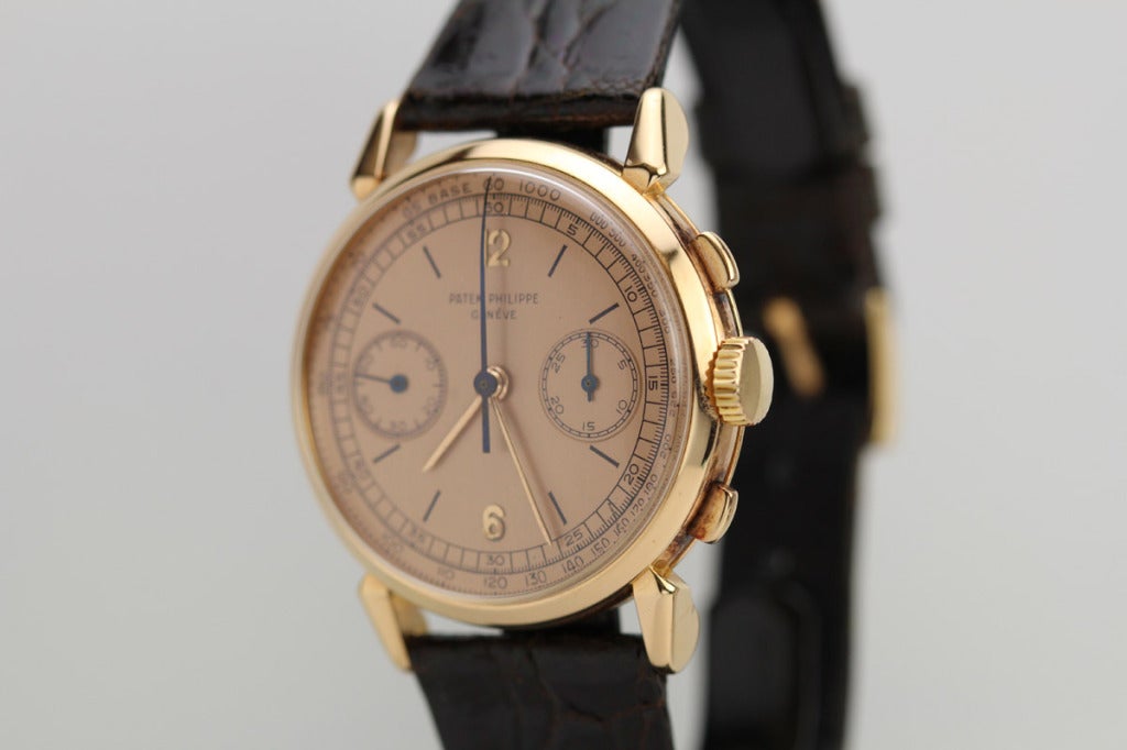 This is an exceptional example of the Patek Philippe Ref 1579 in 18k rose gold with a pink original dial. This is a beautiful and rare combination. The dial has never been refinished and the case has been well preserved.
