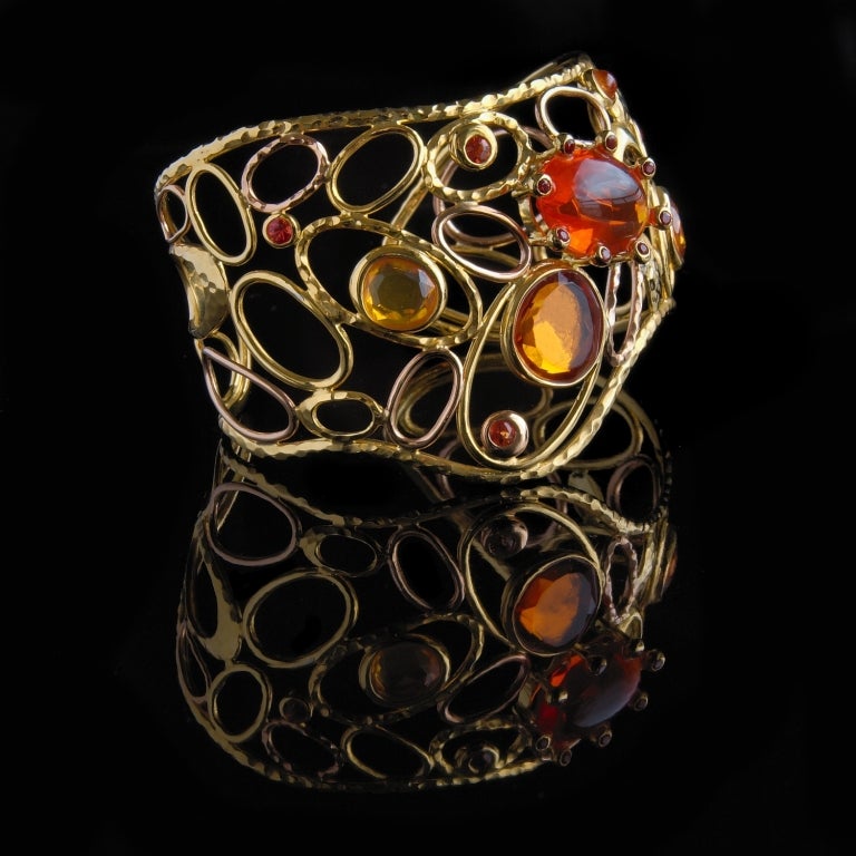Cuff Bracelet of Gold, Mexican Opal, Citrine and Sapphires