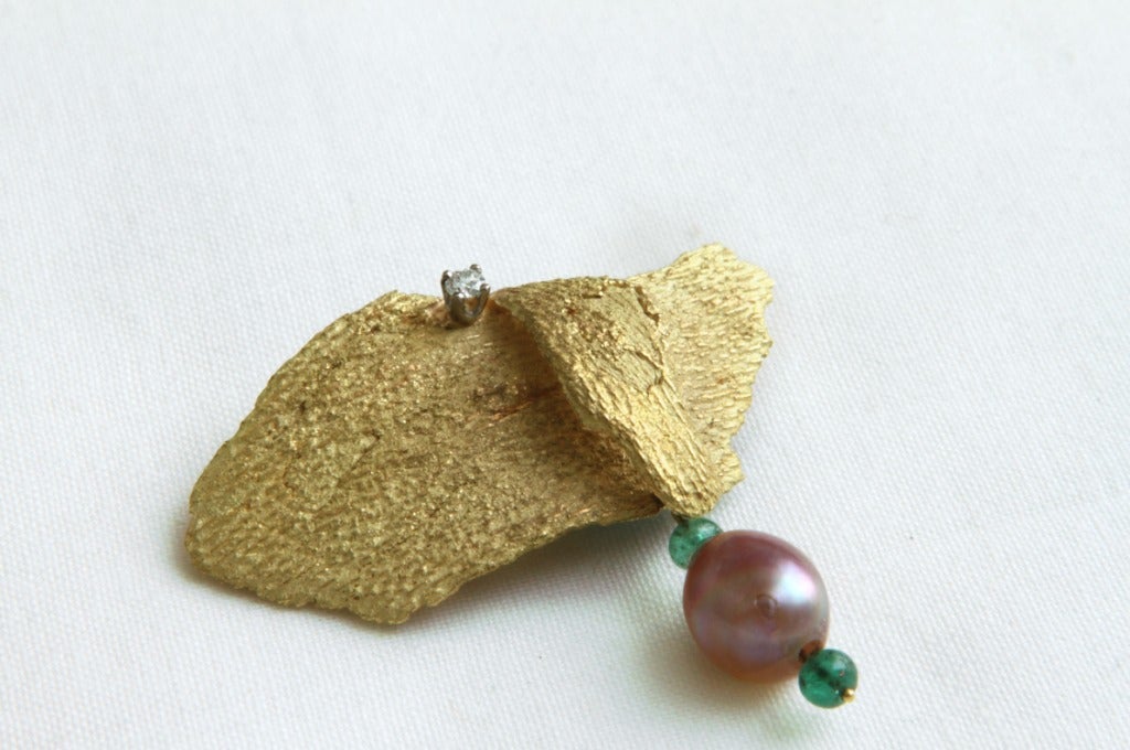 Pearl Emerald Diamond Gold Brooch