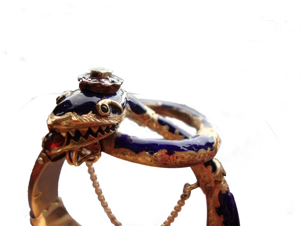 Women's Georgian Enameled Garnet Emerald Diamond Gold Bracelet For Sale