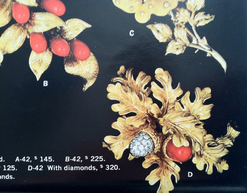 Donald Claflin Tiffany & Co. Diamond Coral Gold Acorns 1967 In Excellent Condition In Phoenix, AZ