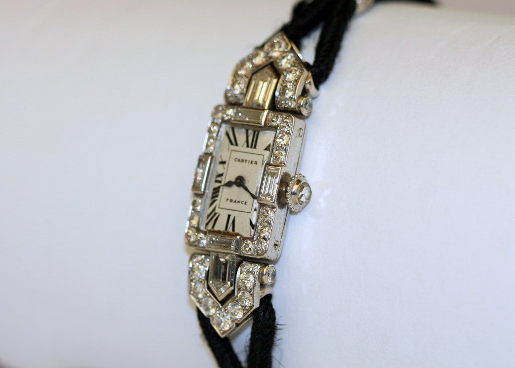 Women's CARTIER Lady's Platinum Diamond Art Deco Wristwatch circa 1920s