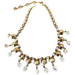 1950s Lilly of the Valley Crystal Dangle & Aurora Borealis Gold Collar Necklace