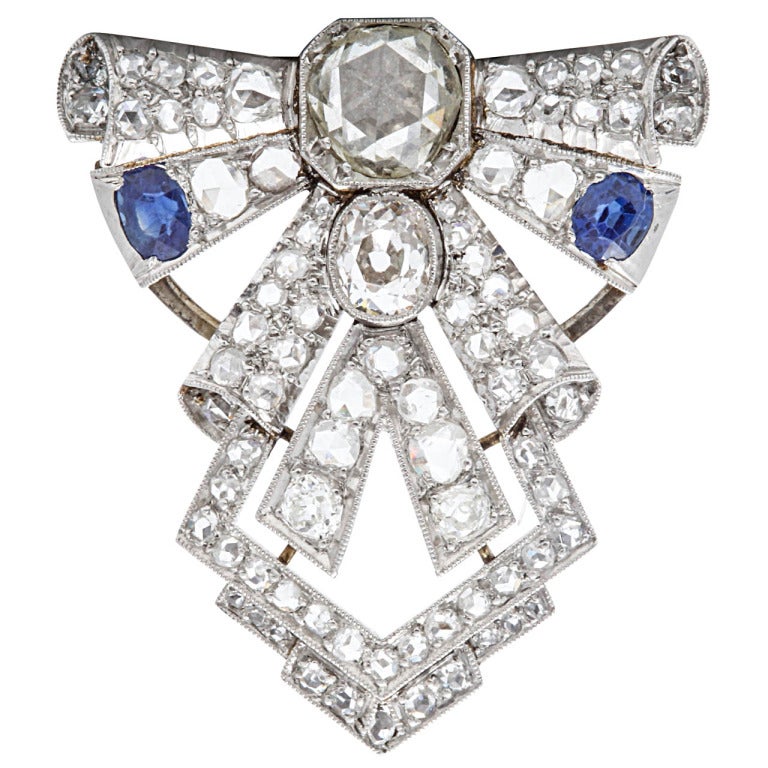 Art Deco Sapphire Diamond White Gold Brooch For Sale