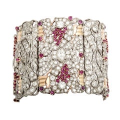 Fantastic Rare Large Retro Diamond Ruby Tricolor Gold Bracelet