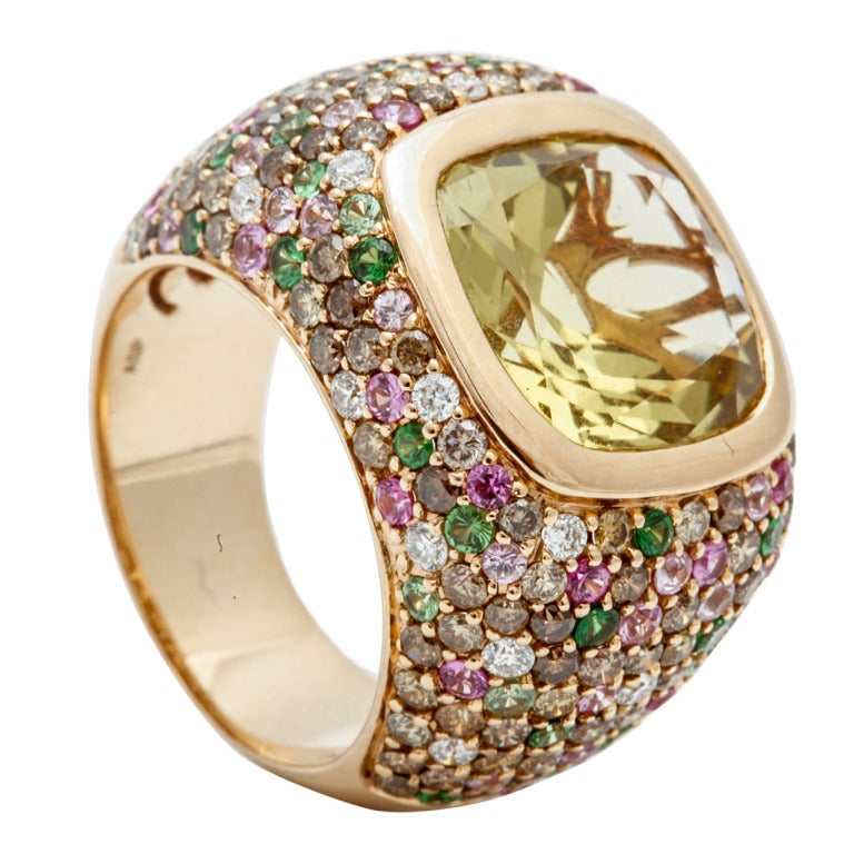 A Lemon Quartz Tsavorite Garnet Pink Sapphire Diamond Rose Gold Dress Ring by Arthur Scholl For Sale
