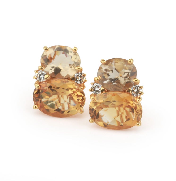 Christina Addison bespoke Large 18kt yellow gold GUM DROP™ earrings with champagne quartz (approximately 5 cts each), citrine (approximately 12 cts each), and 4 diamonds weighing 0.60 cts. 
Specifications: Height: 7/8