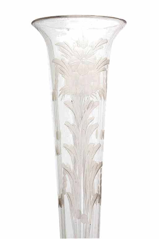 Unusually tall,sterling silver-mounted, etched crystal vase, signed Hawkes, New York, Ca. 1900. Crystal is etched with flowers, leaves, etc. @14